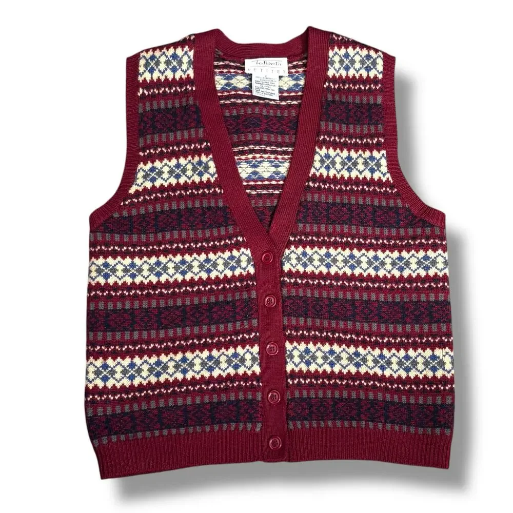 Vintage Talbots Fair Isle Wool Sweater Vest Burgundy Button Front Petite Preppy‎
